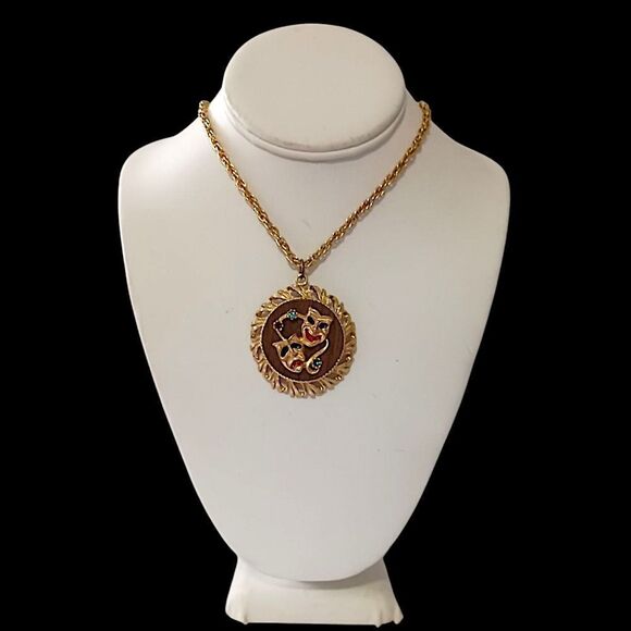 Vintage Comedy Tragedy Mask Necklace MCM Gold Tone Rhinestones Mardi Gras 70s - Picture 9 of 15